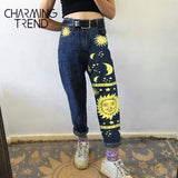 huidianyin Sun Star Printed Pants Jeans Women Autumn Black High Waist Young Girls Chic Denim Trousers Woman Cool Boyfriends Jeans