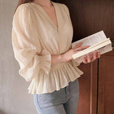 huidianyin Pleated Sweet Slim Shirt Casual Lady Tops Korean Style V-neck Elastic Waist Elegant Puff Sleeve Blouse Women Blusas 12728