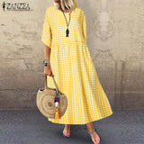 Huidianyin New Fashion Women Long Maxi Dress ZANZEA Womens Plaid Check Vestidos Beach Party Summer Sundress Long Shirt Robe