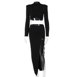 Huidianyin 2023 Women 2 Pieces Black Long Sleeve Shoulder Pad Crop Top Streetwear Autumn Winter Slit High Waist Skirts Sets