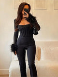 Huidianyin mesh feather corset long sleeve top women sexy t shirt 2023 spring summer clothes sexy tshirt Y2K bodice 925