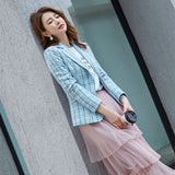 Huidianyin Women Elegant Plaid Blazer Long Sleeve Single Button Slim Checked Coat Formal Office Work Jacket Outerwear Pink Blue