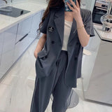 Huidianyin Casual Black Women's Office Pantsuit 2023 Short Sleeve Blazer Loose High Waist Wide Leg Pants Two-Piece Set Female Outfit