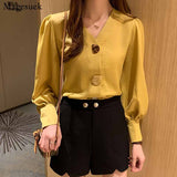 huidianyin Lady Autumn Solid Women Blouses All-match Korean Tops V-neck Lantern Long Sleeve Clothes with Button Woman Shirt 10567