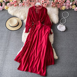 Huidianyin Pleated V-Neck Bandage Women Dress Female Casual Flare Sleeve Vacation Robe Vestidos OL Vintage A-line Spring Clothes