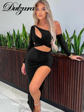Huidianyin Long Sleeve Hollow Out Lace Up Irregular Crop Top Side Slit Midi Skirt Set Streetwear Women 2 Pieces Outfit 2023 Party