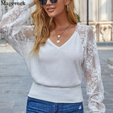 huidianyin Backless Women Lace Blouse V Neck Long Sleeve Lace Stitching Shirts Sweet Spring Elegant White Woman Blouses Top 18474