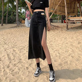 Huidianyin Autumn New Vintage Women Denim Skirt Street Style High Waist Straight A-Line Chic Hem Casual Elegant Split Skirts