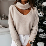 huidianyin Hollow V-neck Loose Sweater Women Women Turtleneck Sweater Knitted Pullover Autumn Winter Casual Long Sleeve Jumper 12836