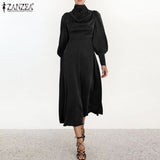 Huidianyin ZANZEA Autumn Long Lantern Sleeve Party Sundress Elegant Women Satin Midi Dress Fashion Solid Pleated Work Vestidos Kaftan