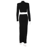 Huidianyin 2023 Women 2 Pieces Black Long Sleeve Shoulder Pad Crop Top Streetwear Autumn Winter Slit High Waist Skirts Sets