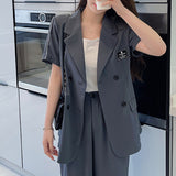 Huidianyin Casual Black Women's Office Pantsuit 2023 Short Sleeve Blazer Loose High Waist Wide Leg Pants Two-Piece Set Female Outfit