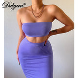 Huidianyin Solid Women 2 Piece Set Tube Crop Top Midi Skirt Bodycon Sexy Streetwear Party Club Elegant Matching Co Ords 2023 Summer