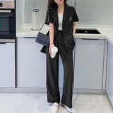 Huidianyin Casual Black Women's Office Pantsuit 2023 Short Sleeve Blazer Loose High Waist Wide Leg Pants Two-Piece Set Female Outfit