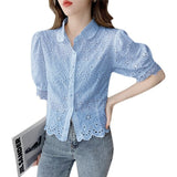 huidianyin Women's Tops Korean Style 2023 Fashion Temperament Slim Shirt Hollow Lace Hook Flower Short Sleeve Lapel Blouse 14030