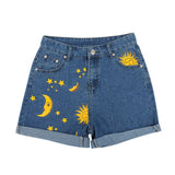 huidianyin Moon Sun Print Loose Fit Denim Shorts For Female 2023 Summer New Hemming Blue Boyfriend Style Women's Short Pants