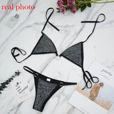 Huidianyin Sexy Diamond Underwear Bra Party Set Women Deep-V Halter Bra Sets Female 2 Piece Bralette and Thong Fashion Black White