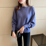 Huidianyin Women Casual Sweater Bat Sleeve Patchwork Knitting Sweater Ladies Chic Pullovers O-Neck Loose Sweaters Fall Korean Style