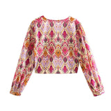 Huidianyin 2023 Knot Floral Top Women Vintage Print Crop Top Female Long Puff Sleeve Summer Blouses Fashion Beach Chic Woman Blouse