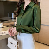 huidianyin Fashion Silk Shirt Women Long Sleeve Shirts Women White Shirt Woman Silk Blouse Tops Casual Solid Basic Shirts Blouses