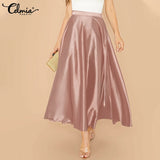 Huidianyin Women High Waist Satin Skirts 2023 Fashion Elegant Party Maxi Skirt Pleated Casual Solid Color A-line Skirt Streetwear