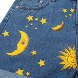 huidianyin Moon Sun Print Loose Fit Denim Shorts For Female 2023 Summer New Hemming Blue Boyfriend Style Women's Short Pants