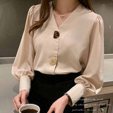 huidianyin Lady Autumn Solid Women Blouses All-match Korean Tops V-neck Lantern Long Sleeve Clothes with Button Woman Shirt 10567