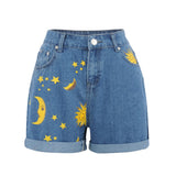 huidianyin Moon Sun Print Loose Fit Denim Shorts For Female 2023 Summer New Hemming Blue Boyfriend Style Women's Short Pants