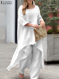 Huidianyin Women Fashion Loose Pants Sets 2023 Casual Solid Work Wears OL Oversized Irregular Long Sleeve Blouse & Wide Leg Pants