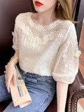 huidianyin Hollow Women Tops Summer French Style Sweet Blouse 2023 New Fashion Half Sleeve Clothes Apricot Lace Shirt Blusas 21217