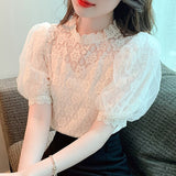 huidianyin Blouse Women Sweet Stand Collar Elegant Korean Shirt Summer Puff Short Sleeve Tops Flower Crochet Ladies Blusas Mujer 27168