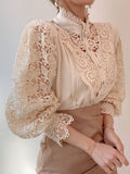 huidianyin Sleeve Stand Collar Hollow Out Flower Lace Patchwork Shirt Femme Blusas All-match Women Lace Blouse Button White Top 12419