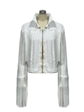 huidianyin Women Jacket Spring 2023 Tassel Sequin Jacket Fashion Fringed Retro Long-sleeved White Reflective Jacket Women Outwear Tops