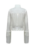 huidianyin Women Jacket Spring 2023 Tassel Sequin Jacket Fashion Fringed Retro Long-sleeved White Reflective Jacket Women Outwear Tops