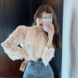 huidianyin V-neck Long Sleeve Lace Blouse Women Tops Tassel White Shirts Blusas Hollow Out Lace Flowers Ladies Blouses Shirts 16095