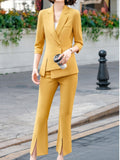 Huidianyin Fashion Women Office Formal Suit Vintage Slim Solid Blazer Jackets Split Trousers 2 Pieces Female Elegant Chic Pantsuit