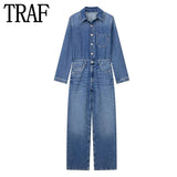 Huidianyin Blue Denim Jumpsuit Women Elegant Long Jumpsuits Woman 2023 Long Sleeve Jean Woman Jumpsuit Straight Leg Summer Overalls