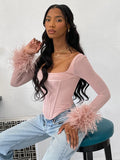 Huidianyin mesh feather corset long sleeve top women sexy t shirt 2023 spring summer clothes sexy tshirt Y2K bodice 925