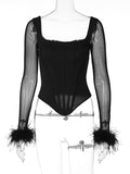 Huidianyin mesh feather corset long sleeve top women sexy t shirt 2023 spring summer clothes sexy tshirt Y2K bodice 925