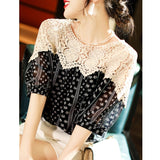 huidianyin Lace Summer Print Blouse Loose Women Hollow Crochet Splice Sexy Shirt Lady Casual Short Sleeve O Neck Tops Female 27262