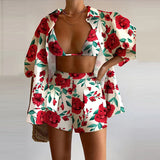 Huidianyin Casual Printed Three Piece Sets For Women Summer New Commute Elegant Buttons Cardigans Shorts Suits Lady Beach Party Set