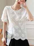 huidianyin White Embroidered Lace Blouse Short Sleeve Woman Vintage Elegant Flowers Shirt Top Women Loose O Neck Slim Blouses 22361