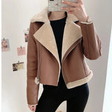 Huidianyin Women Thick Warm Parka Sheepskin Fur Faux Leather Jacket Autumn Winter Female Zipper Moto Biker Coat Outwear Tops