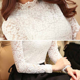 huidianyin 2023 Elegant Lace Crocheted Hollow Out Top Stand-up Collar White Blouse Woman Sweet Long Sleeve Shirts Blusas 1695