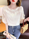 huidianyin Hollow Women Tops Summer French Style Sweet Blouse 2023 New Fashion Half Sleeve Clothes Apricot Lace Shirt Blusas 21217