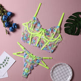 Huidianyin Luxury Lingerie Sexy Floral Embroidery Set Woman 2 Pieces Underwire Bra Thongs Exotic Intimate Neon Green Underwear 912