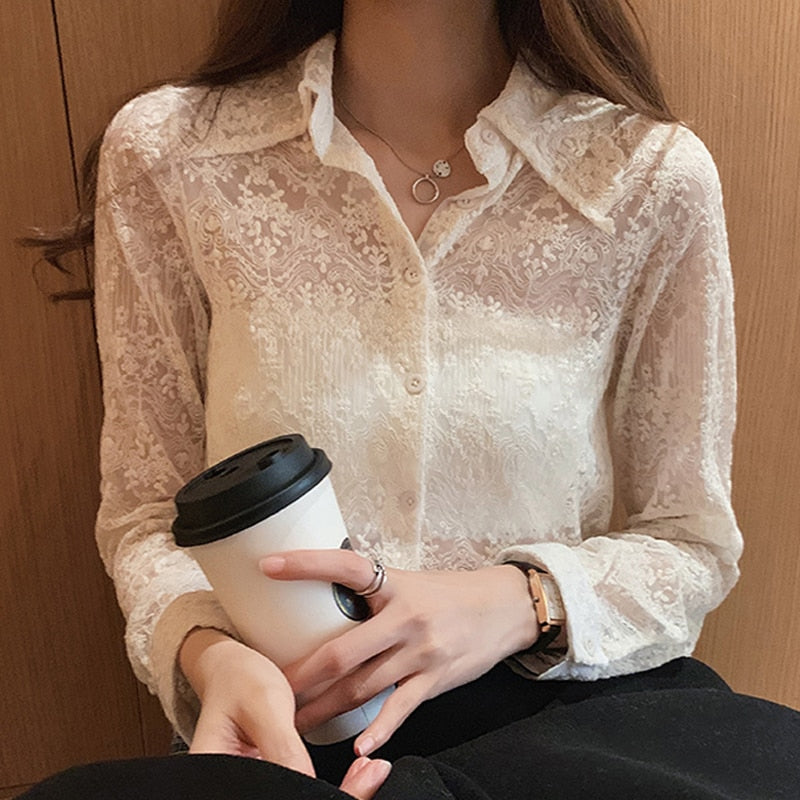 huidianyin Chic Floral Embroidery White Blouse Women Elegant Spring Lace Bottoming Shirt New Fashion Long Sleeve Hollow Top 13125