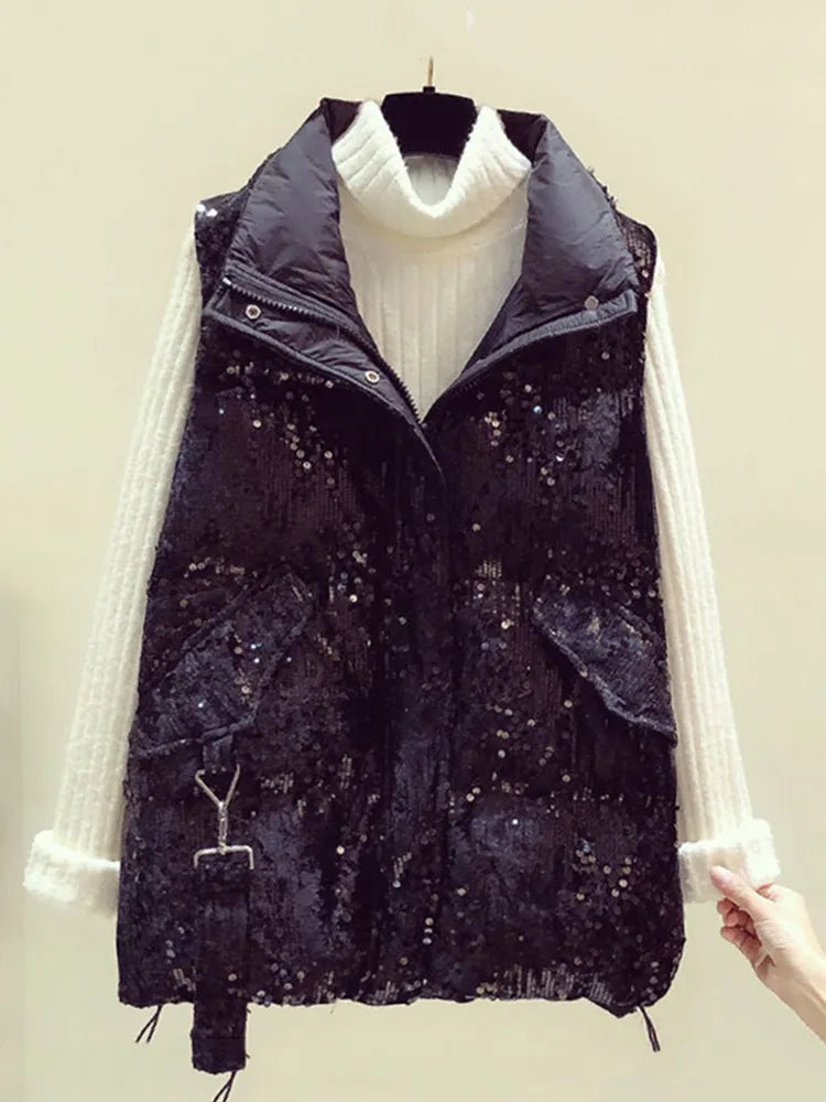 Huidianyin Winter New Sequins Waistcoat Vest Fashion Casual Medium Length Zipper Big Pocket Sleeve Vest Jacket Women