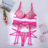 Huidianyin Fancy Pink Lingerie Floral Embroidery Sexy Thongs Garter Bra Suit 3-Pieces Delicate Luxury Lace Beautiful Underwear 925