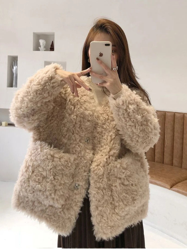 Huidianyin Loose Sheepskin Fur Jacket Winter Autumn Big Pocket Fluffy Coat Single Breated Loose Lamb Fur Outerwear